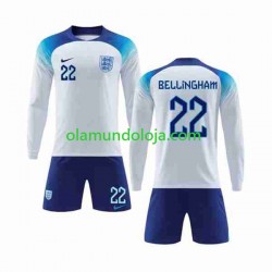 Camisola Inglaterra Bellingham 22 Criança Equipamento Primeiro Copa do Mundo 2022 Manga Comprida